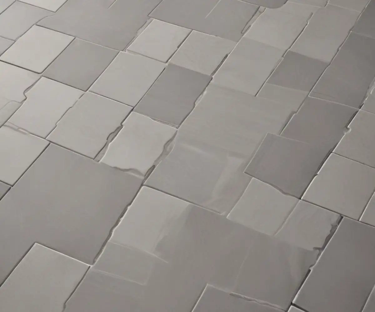 Close-up of freshly applied light gray unsanded grout lines between dark gray porcelain tiles on a floor.