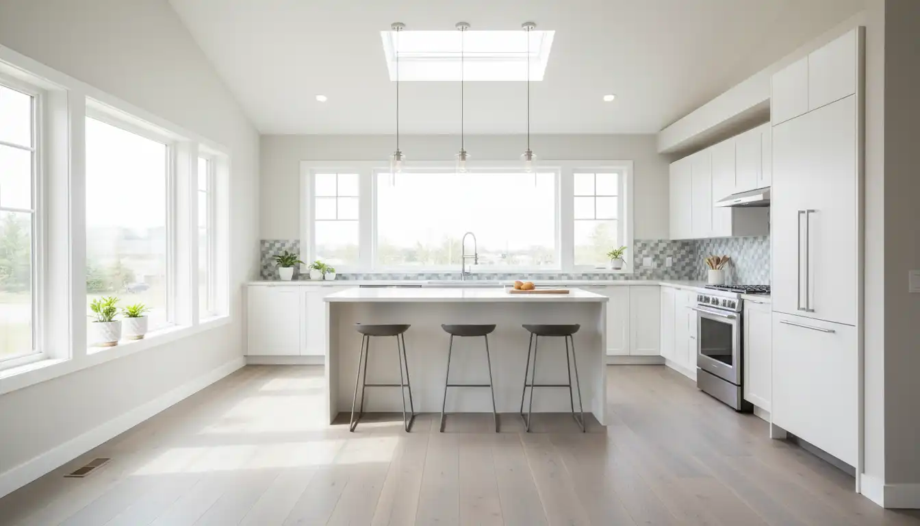 Light-colored Fuzion engineered hardwood flooring installed in a brightly lit, modern kitchen.