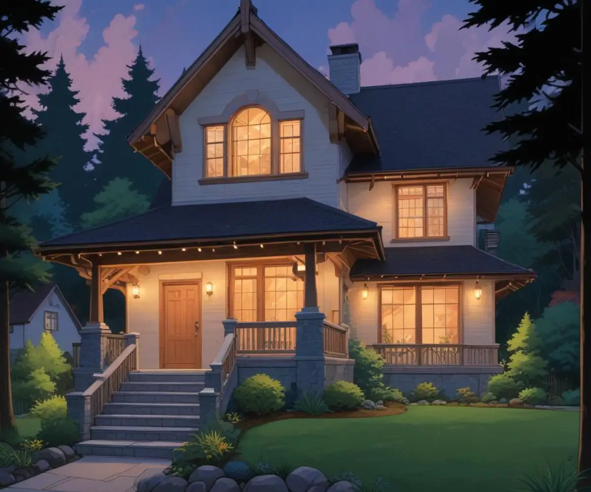 Architectural accent lighting illuminates the gable peak on a modern home's exterior at dusk, enhancing its structural lines.
