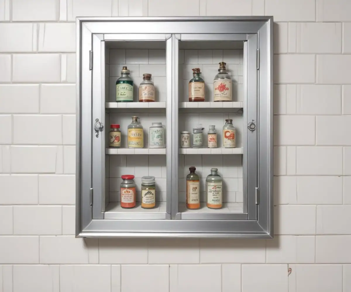A silver-framed recessed medicine cabinet set into a white tiled wall, showing a noticeable gap between the frame and the edge of the wall cutout.