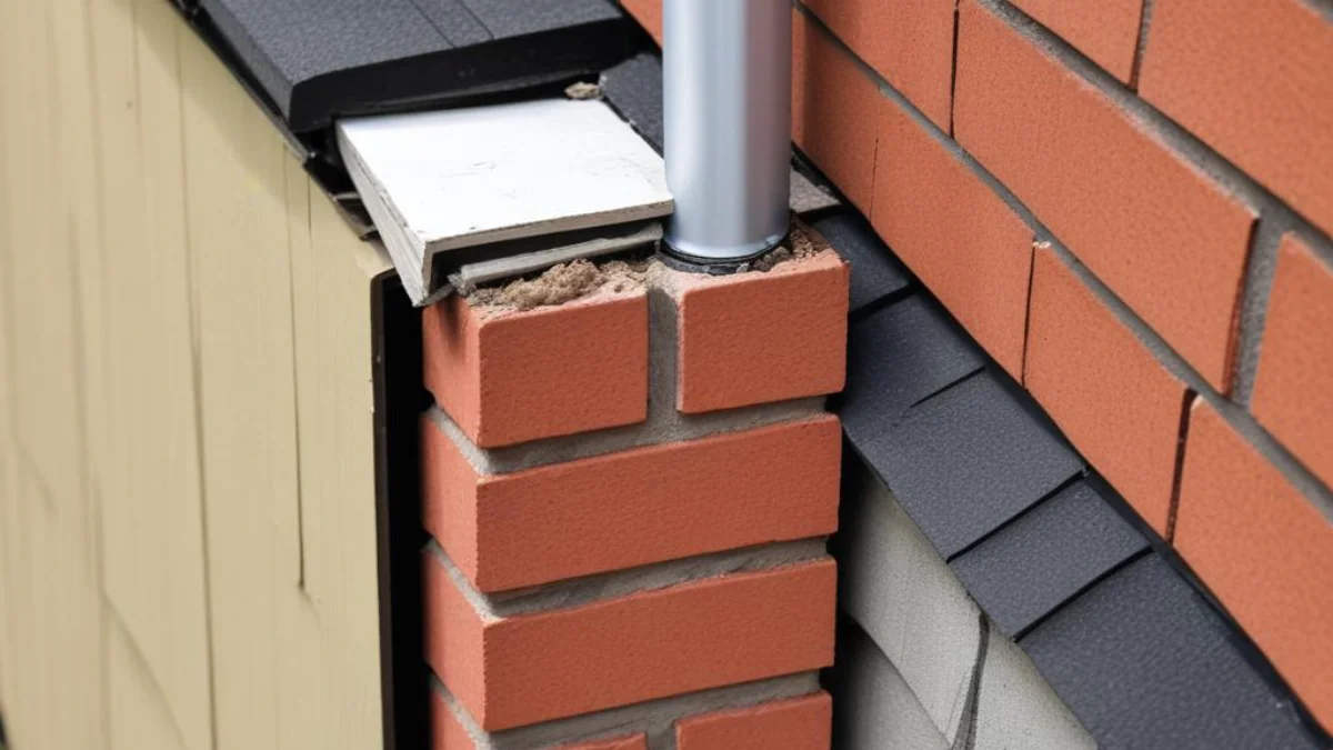 Brick chimney separating from the vinyl siding of a house, creating a visible gap.