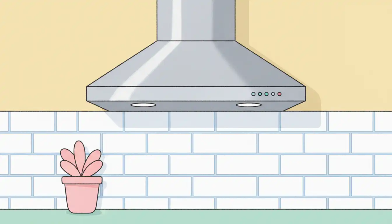 A stainless steel range hood mounted on a kitchen wall, showing a visible gap between the bottom of the hood and the top of a white tile backsplash.
