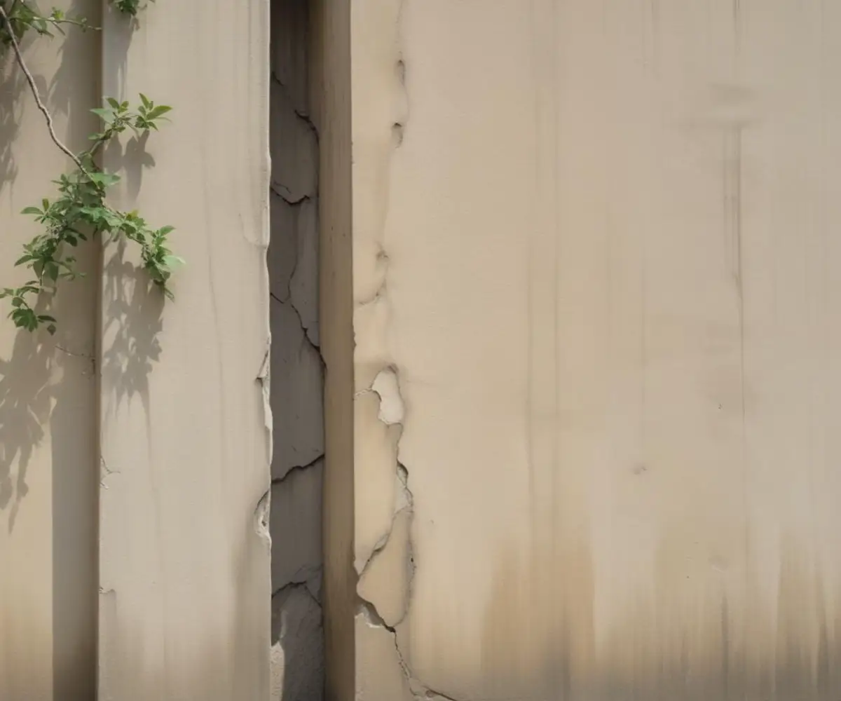 Close-up of a separation gap between a textured stucco exterior wall and a smooth concrete foundation.
