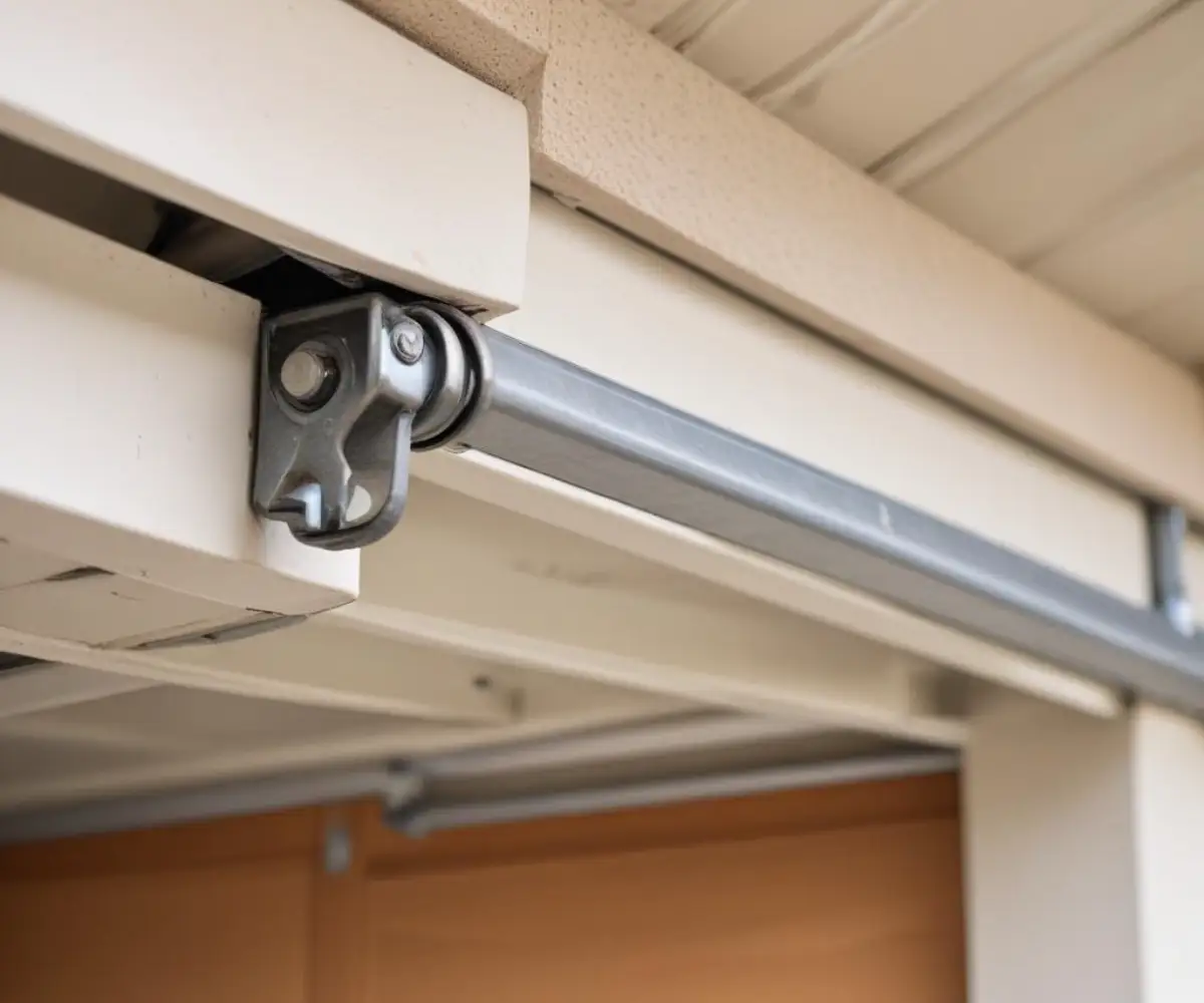 A close-up of a metal, jointed garage door arm connecting the garage door panel to the overhead opener track.
