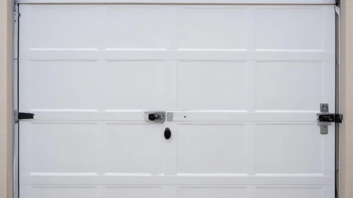 White insulation panel secured to the inside of a metal garage door with plastic retainer clips.