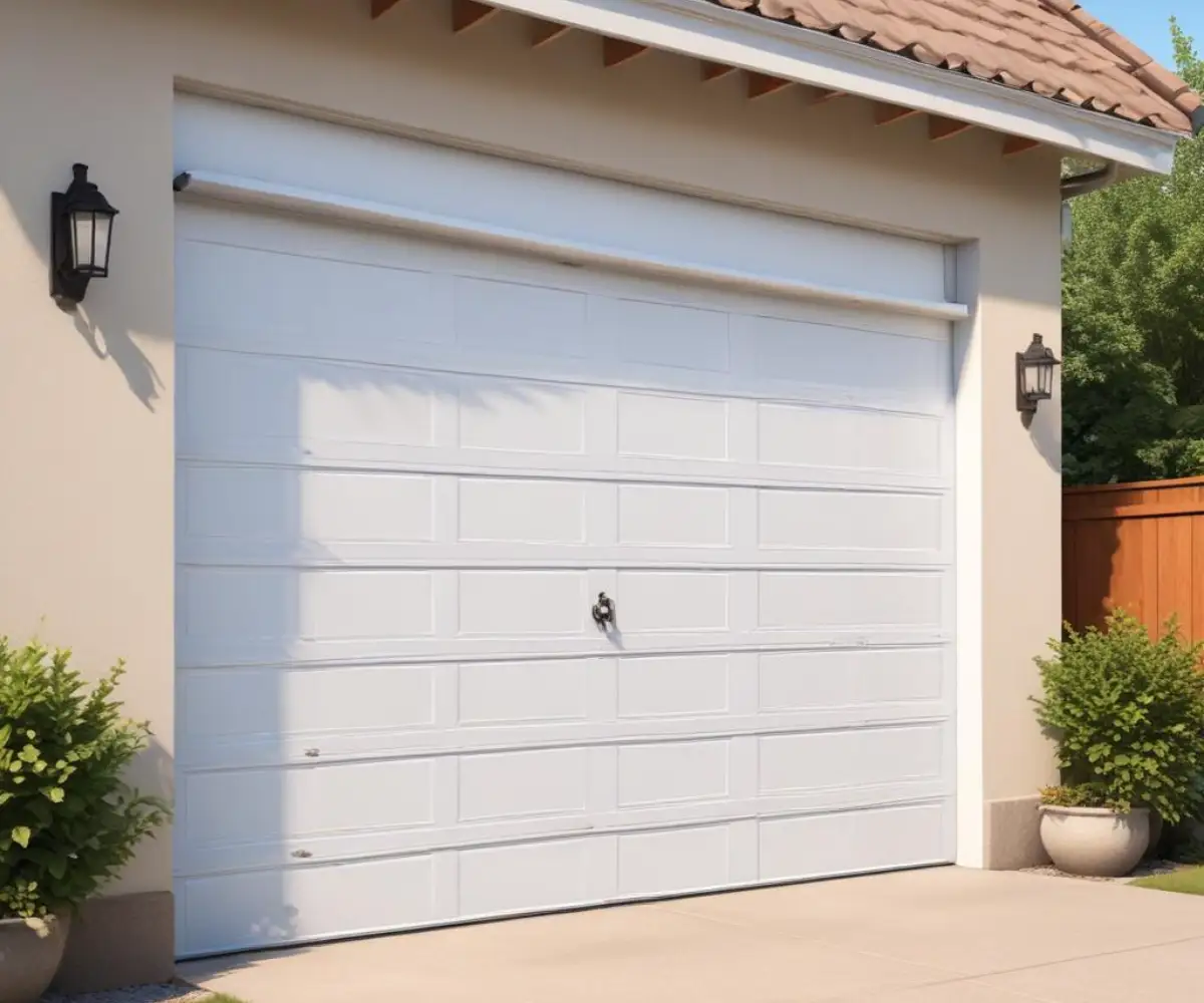 A white panel garage door showing the metal tracks, rollers, and springs on the side.