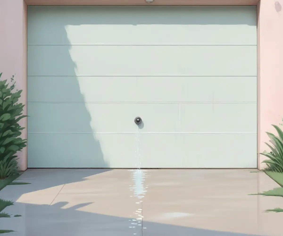 A puddle of water on a concrete garage floor, seeping in from the bottom corner of a closed, white, sectional garage door.