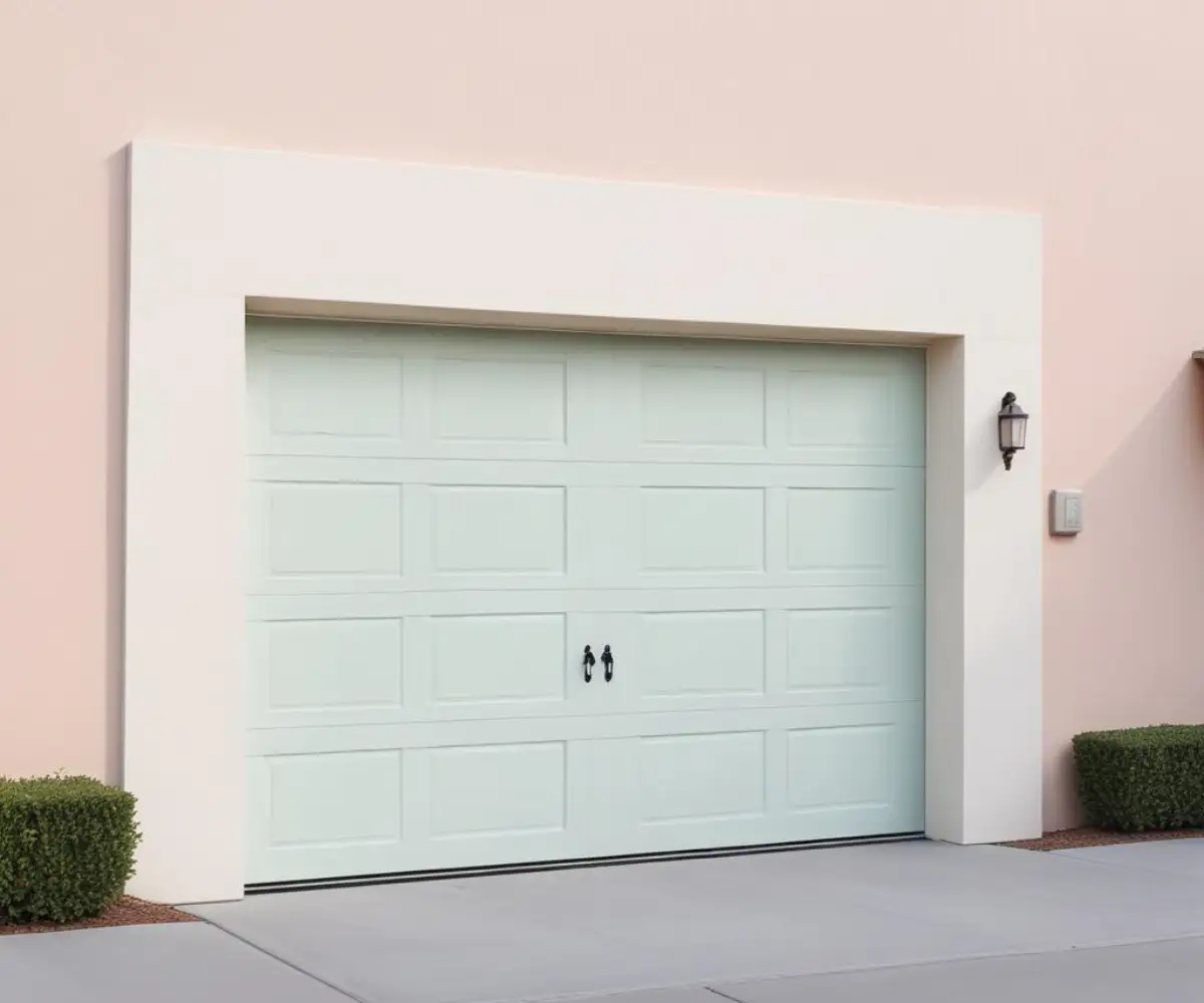 A white, single-panel, tilt-up garage door with an automatic opener mechanism and track mounted on the ceiling.