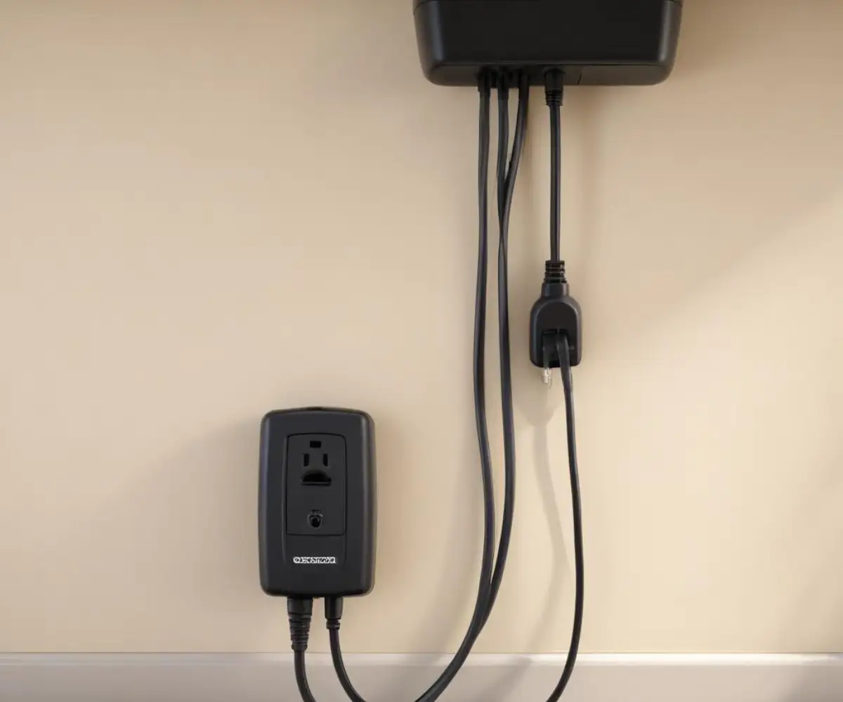 A black garage door opener power cord unplugged from a ceiling electrical outlet.