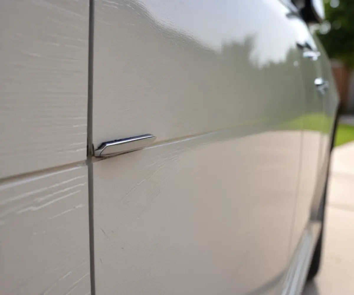 Close-up of a deep scratch on a modern car's paint next to a residential garage door.