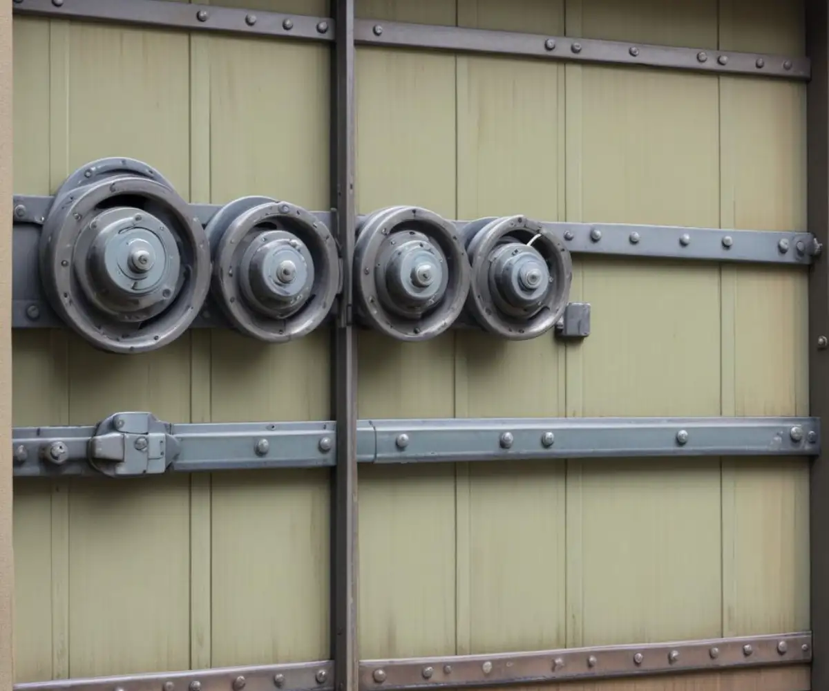 Close-up of the metal tracks and rollers of a residential garage door.