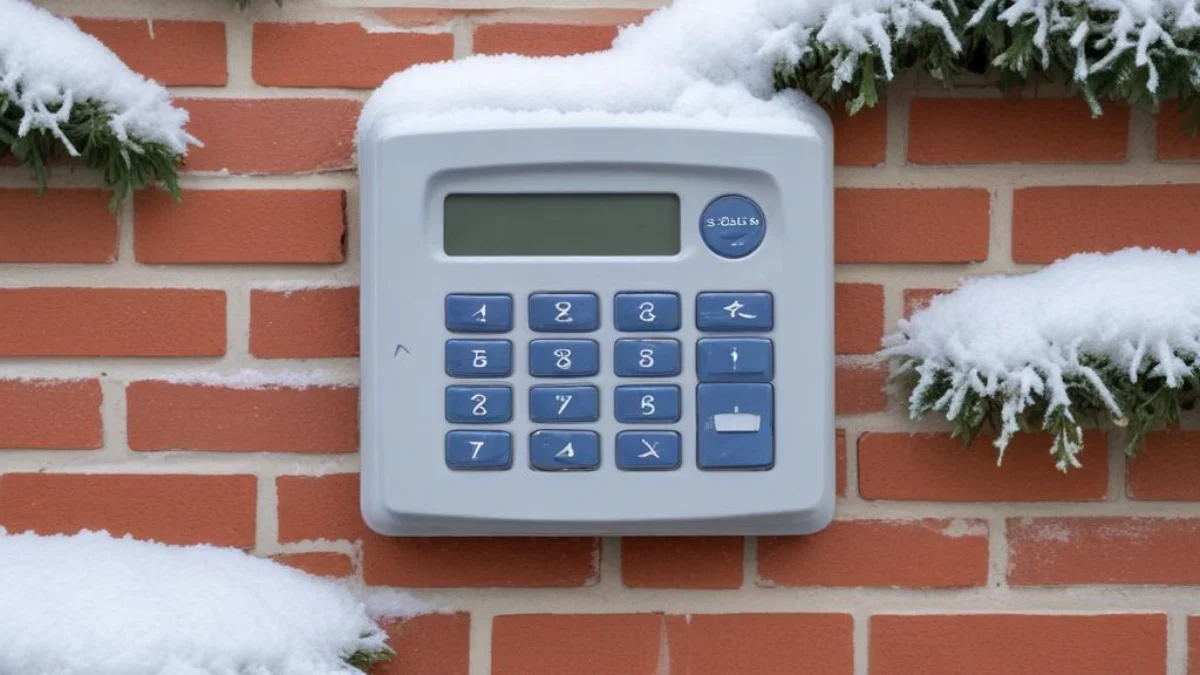 A frost-covered garage door keypad mounted on an exterior brick wall in winter.