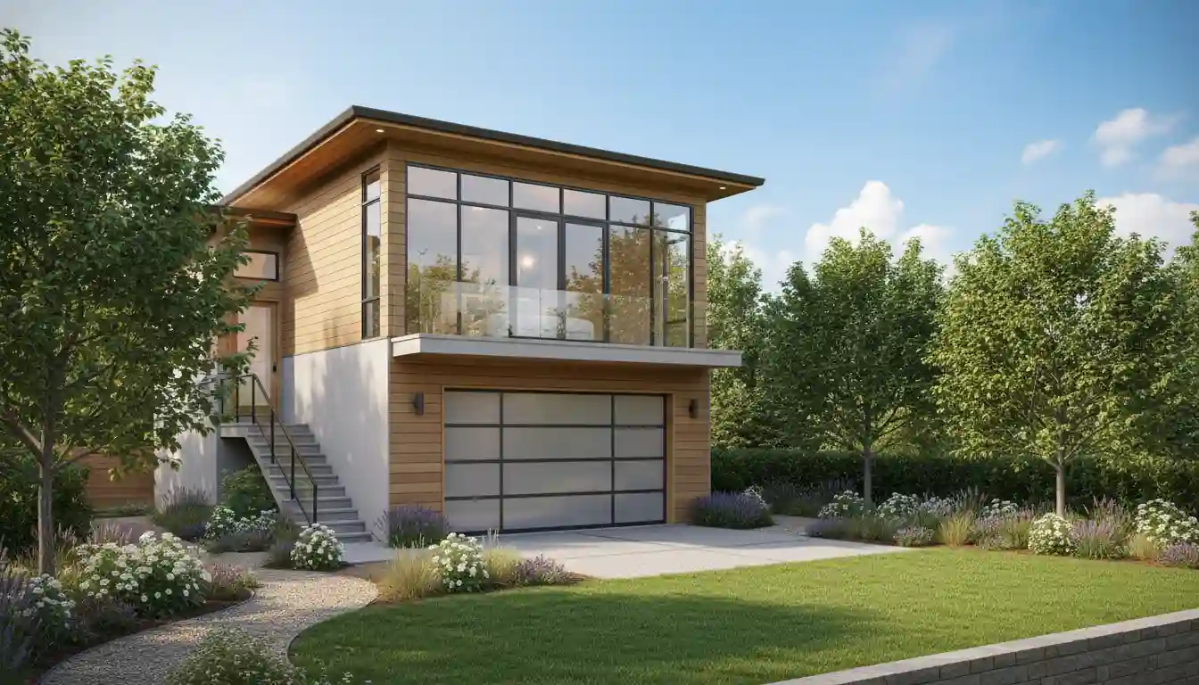 A modern two-story garage with a second-floor master suite, featuring large windows and neutral siding, set against a landscaped yard.