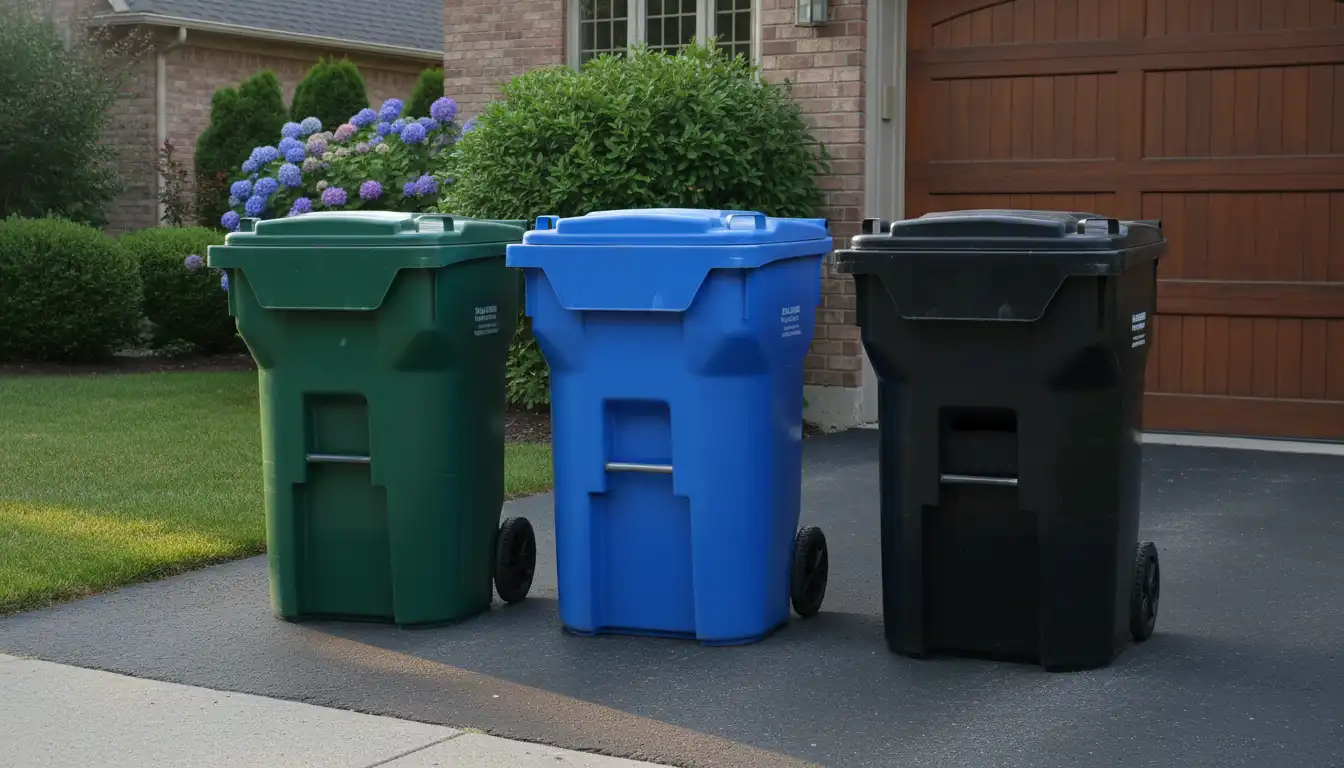 Three outdoor garbage cans, green, blue, and black, with closed lids, lined up on a residential driveway next to a garage.