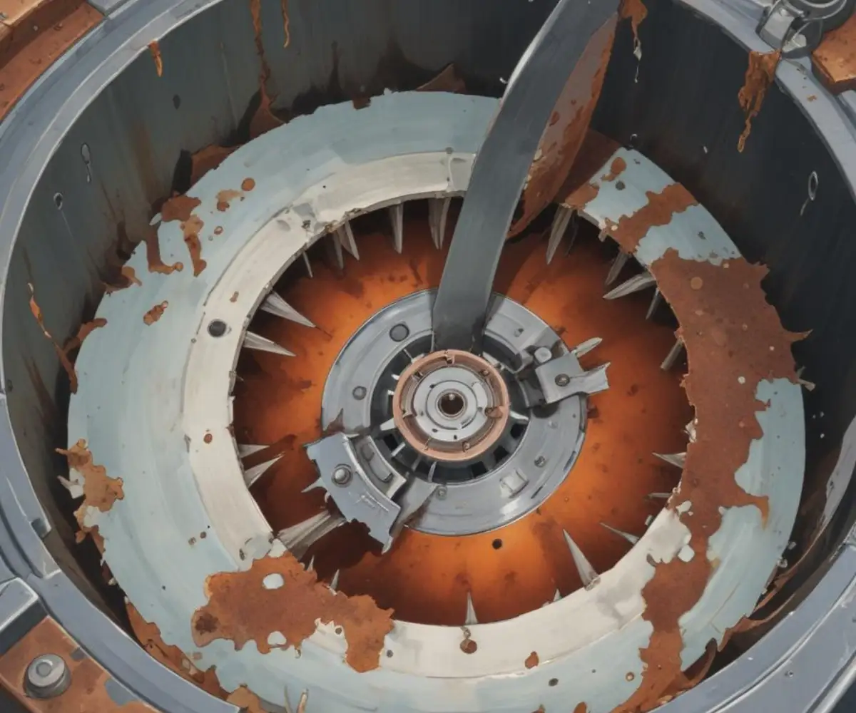 Close-up view of a broken and rusted blade inside a garbage disposal unit.