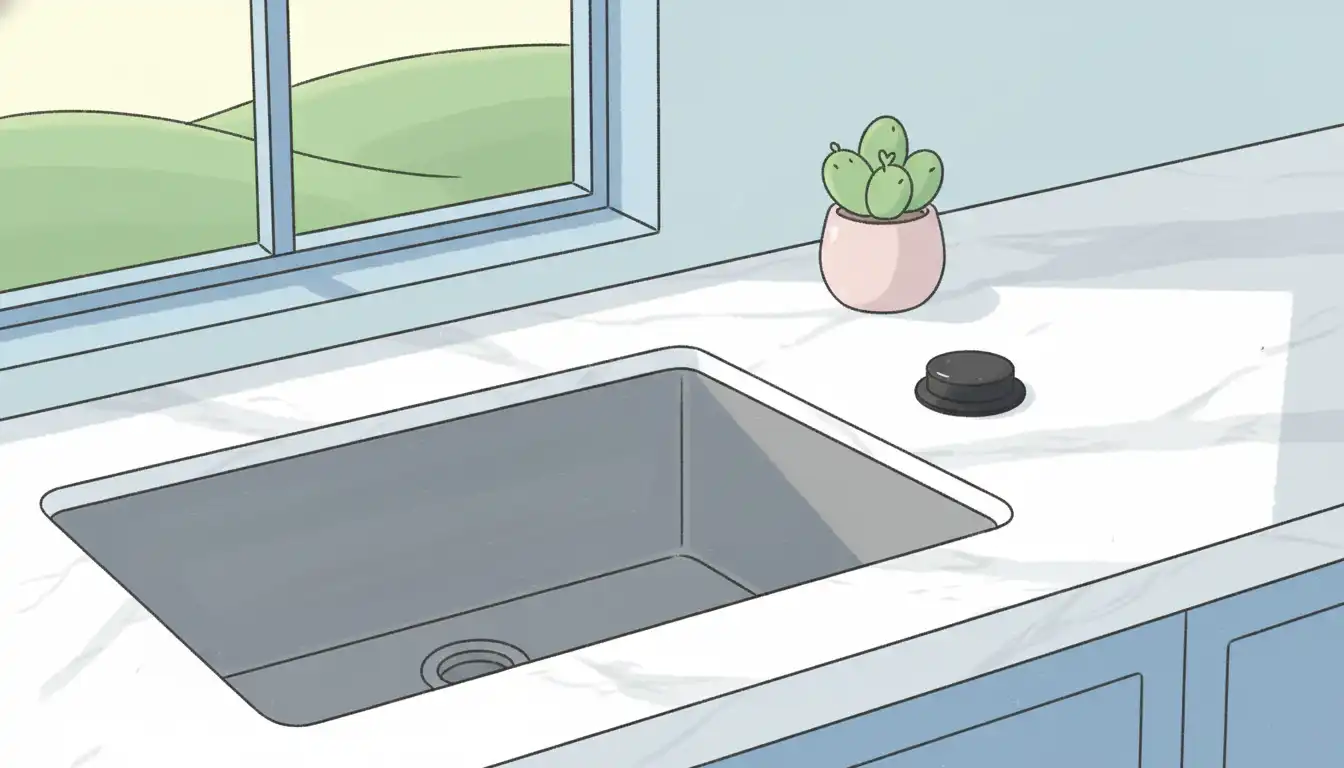A matte black, countertop-mounted air switch for a garbage disposal, installed on a white marble kitchen island next to a stainless steel sink.