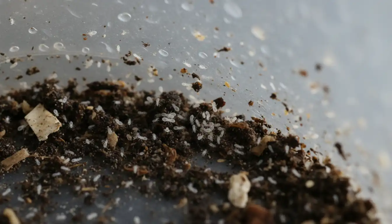 Close-up of tiny white mites crawling on a dark, textured surface inside a plastic container.