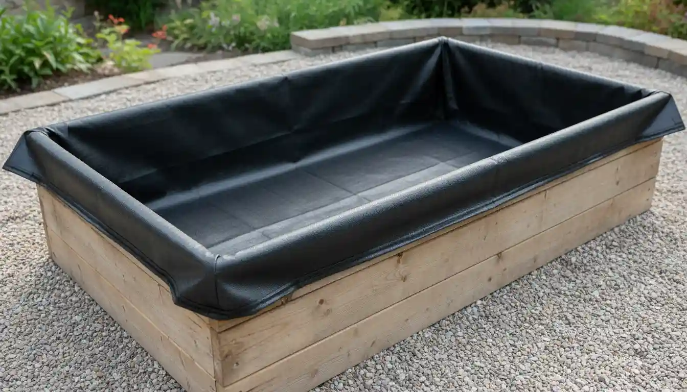 Black permeable weed barrier fabric lining the bottom of an empty raised cedar garden box.