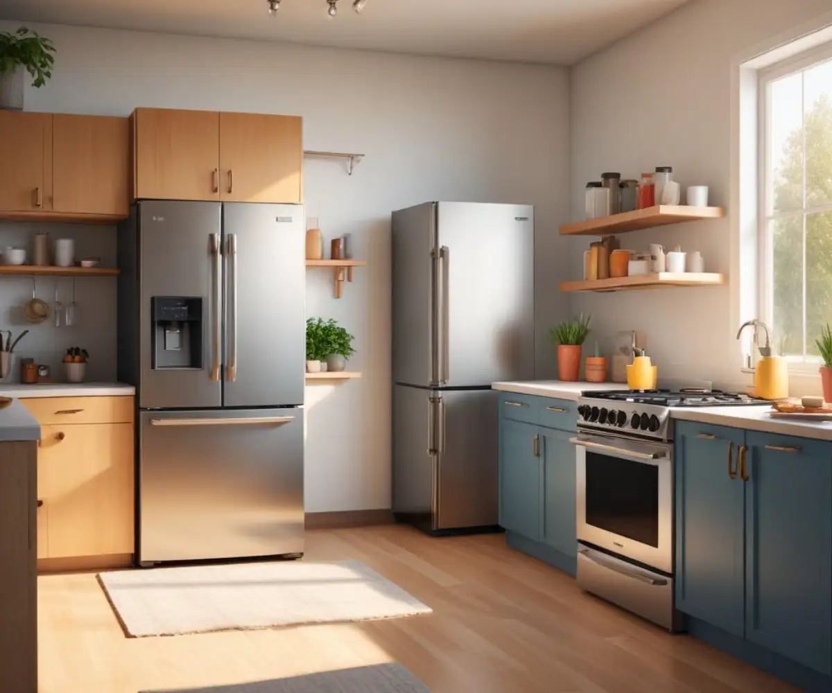 A modern stainless steel refrigerator, stove, and dishwasher in a brightly lit kitchen.