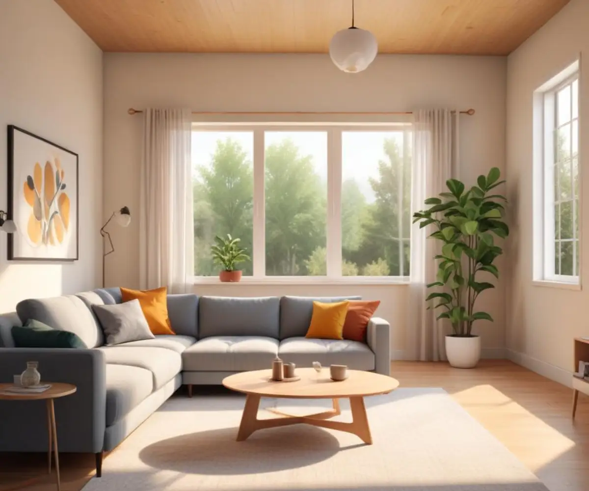 A well-lit living room interior with a comfortable sofa, a central coffee table, and decorative wall art.