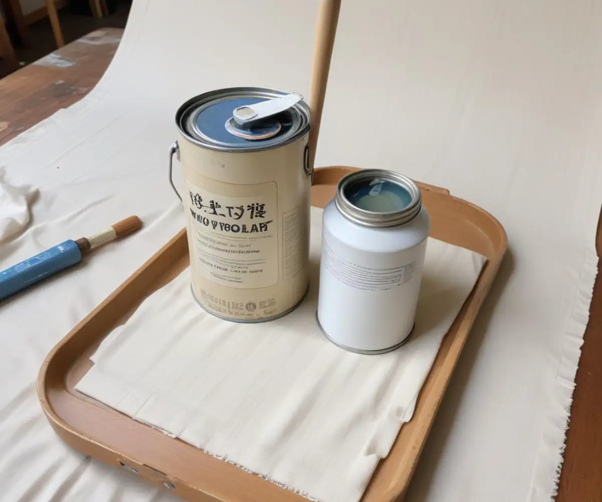 A can of white primer-sealer and a paint roller with a tray on a canvas drop cloth.