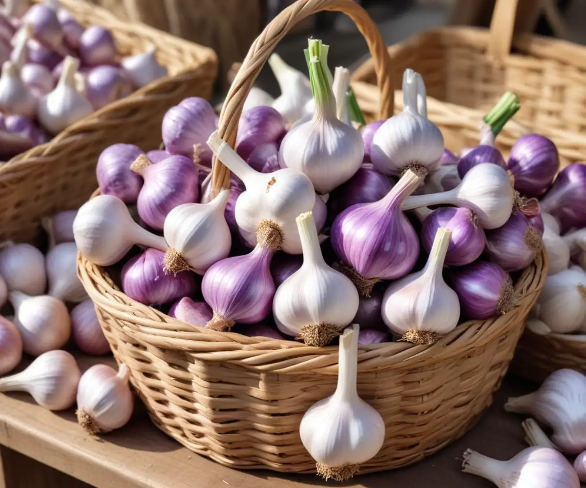 Several bulbs of fresh, purple-striped garlic displayed in a rustic woven basket at an outdoor market stall.