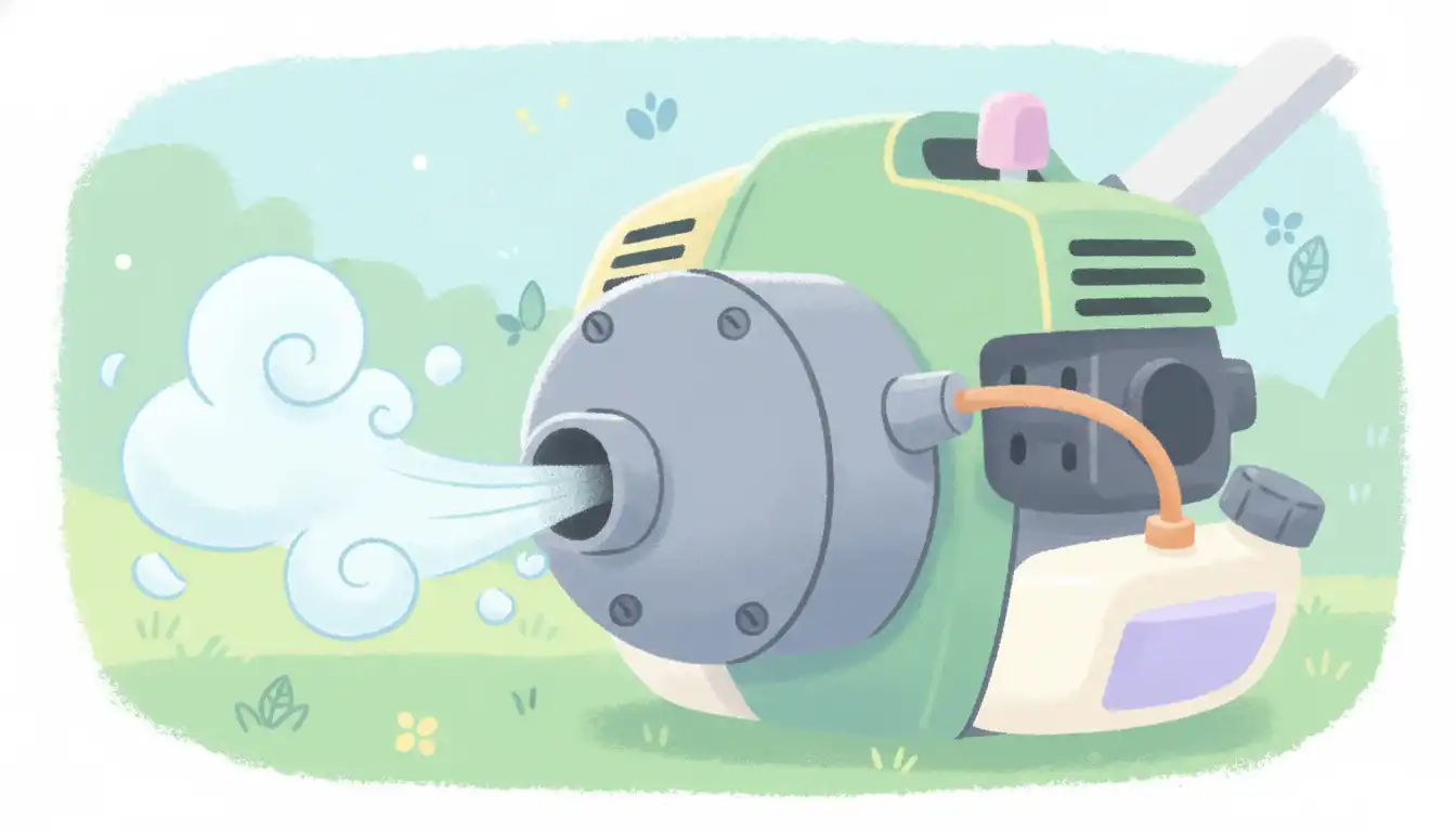 Close-up of a string trimmer's two-stroke engine, focusing on the exhaust port and muffler assembly.