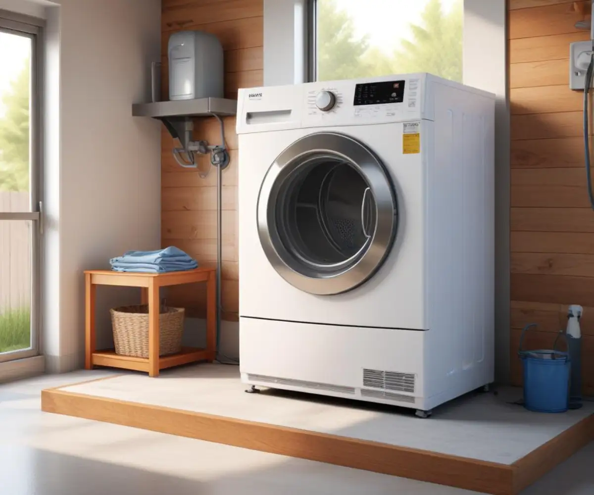 A white gas dryer elevated on a sturdy wooden platform inside a residential garage with concrete floors.