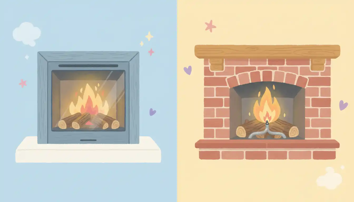 Split view showing a modern, enclosed gas fireplace and a traditional brick fireplace with a gas starter pipe.