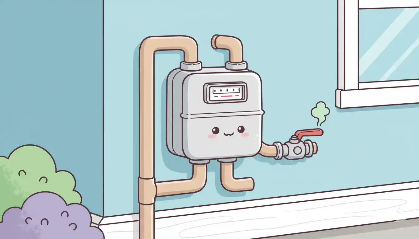Exterior residential gas meter with attached pipes and shut-off valve on a house wall.
