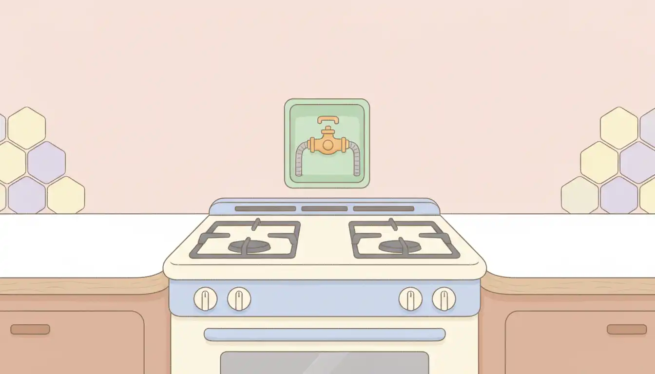 A recessed gas valve box installed in a kitchen wall behind a gas stove, allowing the appliance to sit flush.