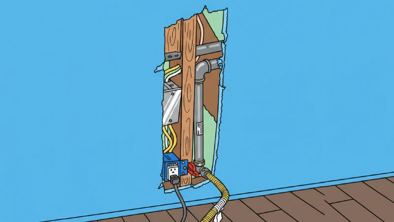 A yellow flexible corrugated stainless steel gas pipe running horizontally through unfinished wooden wall studs and joists.