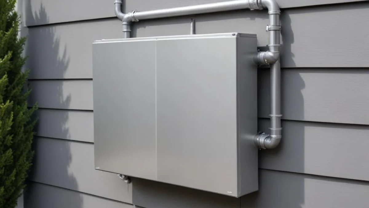 A sleek, weatherproof outdoor gas pipe cover concealing a meter and valves on a home's exterior siding.