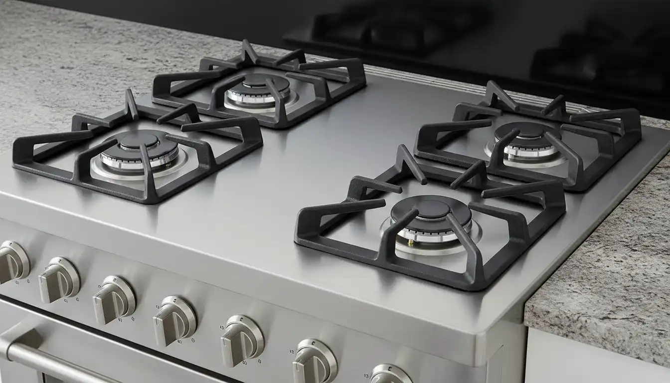 A stainless steel gas range cooktop with four burners of identical size.