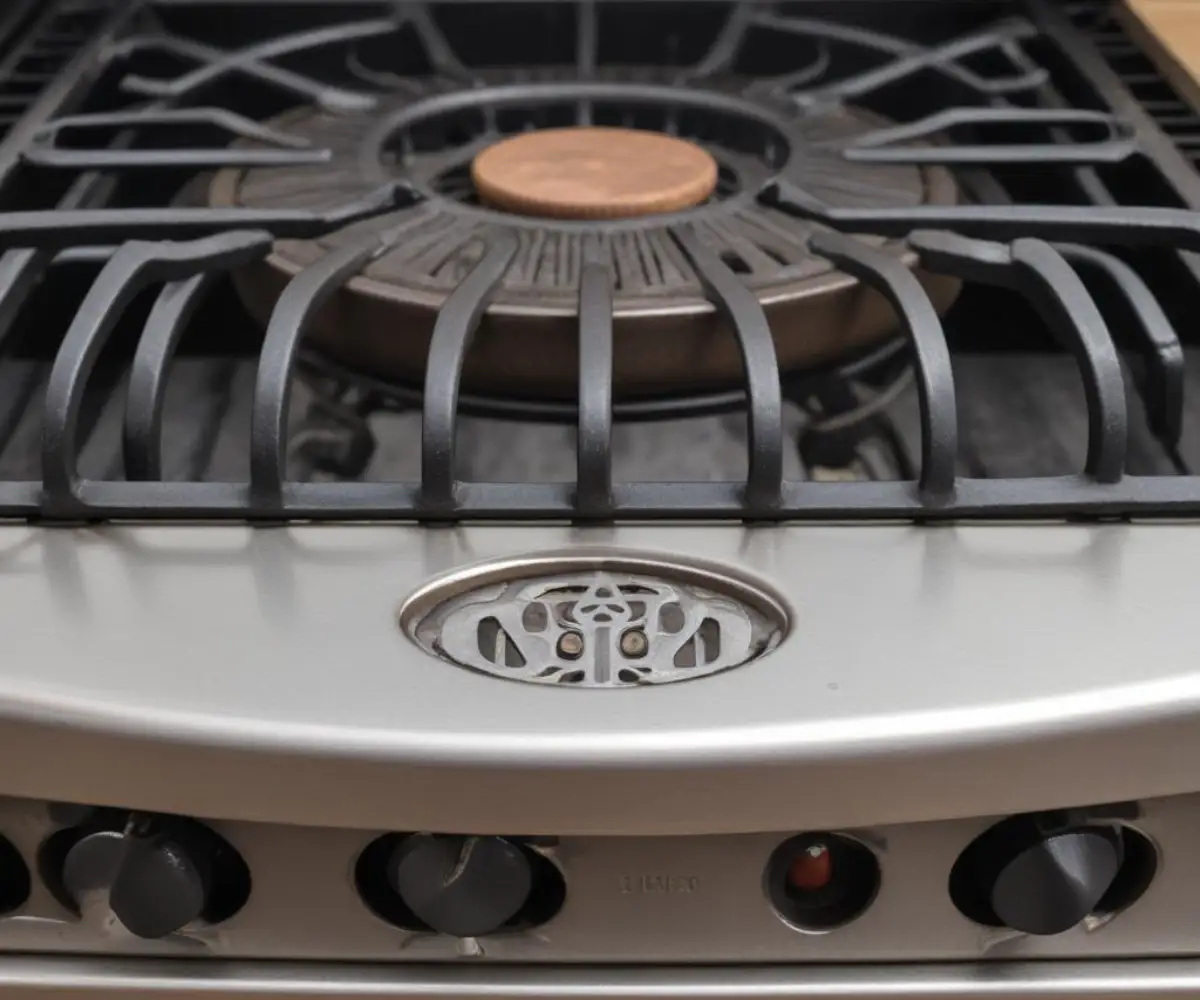 Close-up of the cast iron burner cap and grate on a stainless steel gas stove.