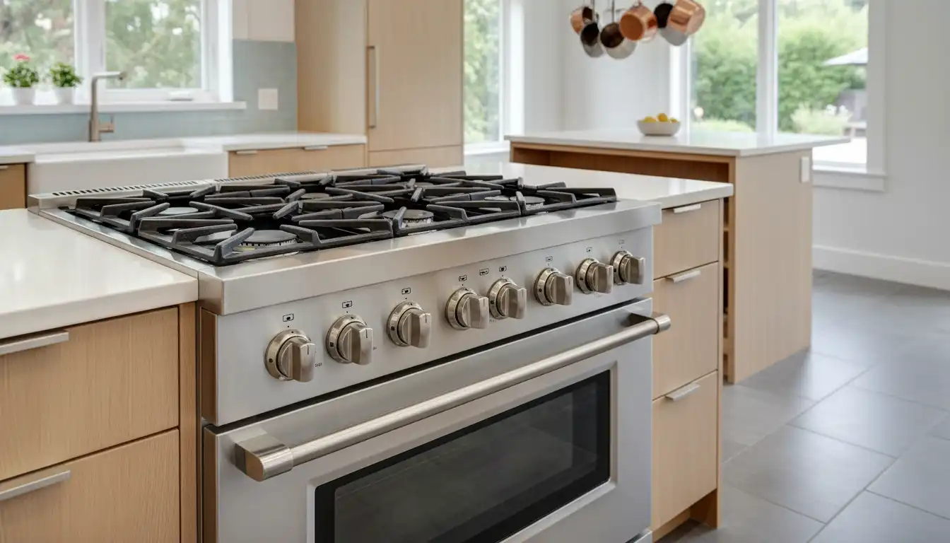 A stainless steel freestanding gas stove with five burners, black cast-iron grates, and front-facing control knobs in a kitchen setting.