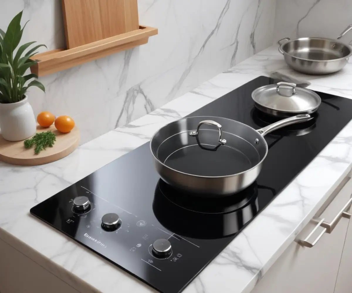 A sleek, black glass induction cooktop seamlessly integrated into a white marble kitchen countertop with stainless steel cookware on top.