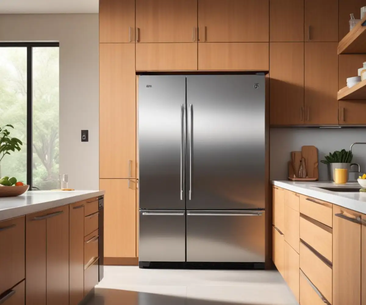 A sleek, stainless steel GE Cafe refrigerator with custom handles placed next to a panel-ready, built-in GE Monogram refrigerator in a modern kitchen.