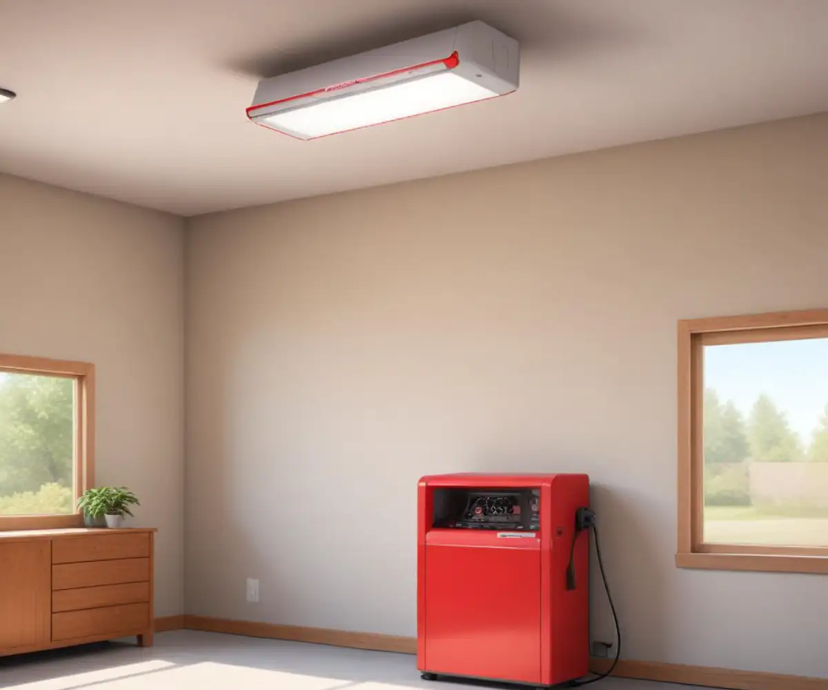 Blinking red diagnostic light on a garage door opener motor unit mounted to a ceiling.