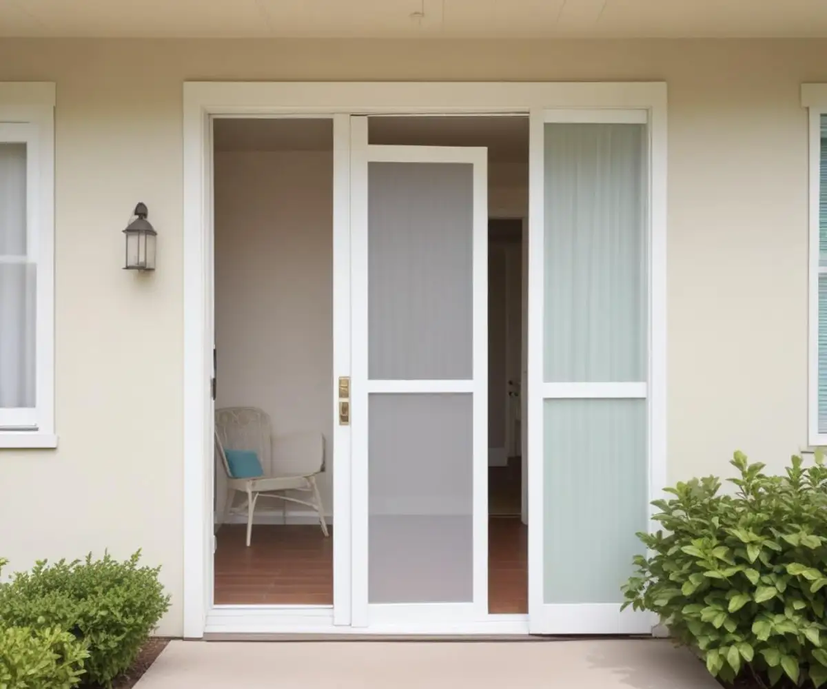 A white single retractable screen door installed in a home's doorway, showing the mesh screen partially extended across the opening.