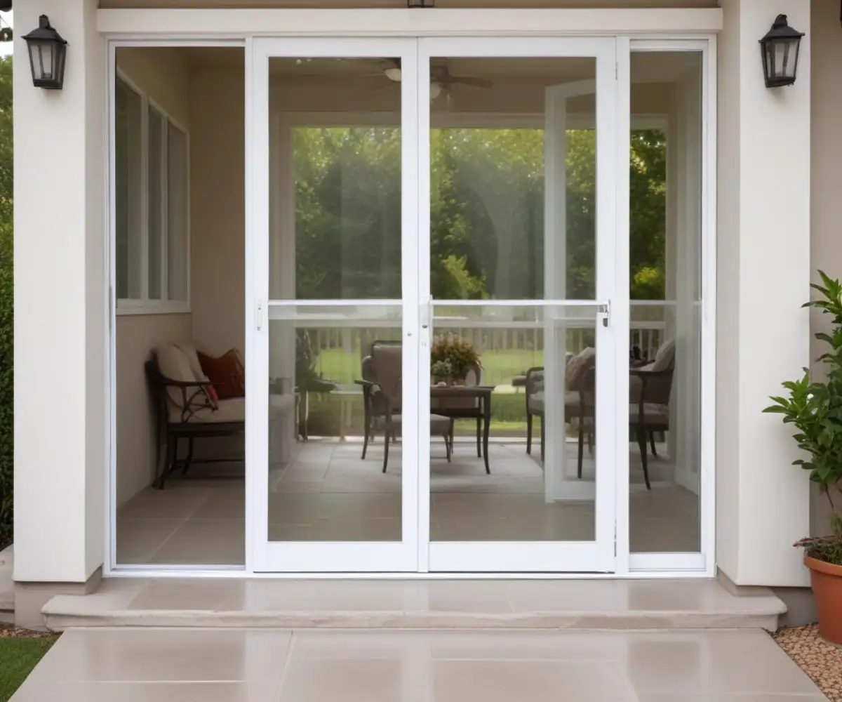A white retractable screen door installed on a modern home's patio entrance.