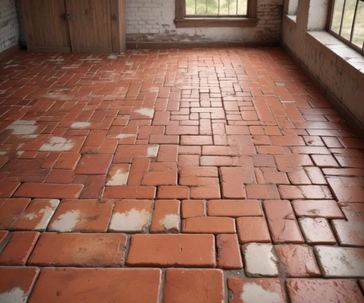 A rustic interior brick floor with an irregular white mortar wash finish.