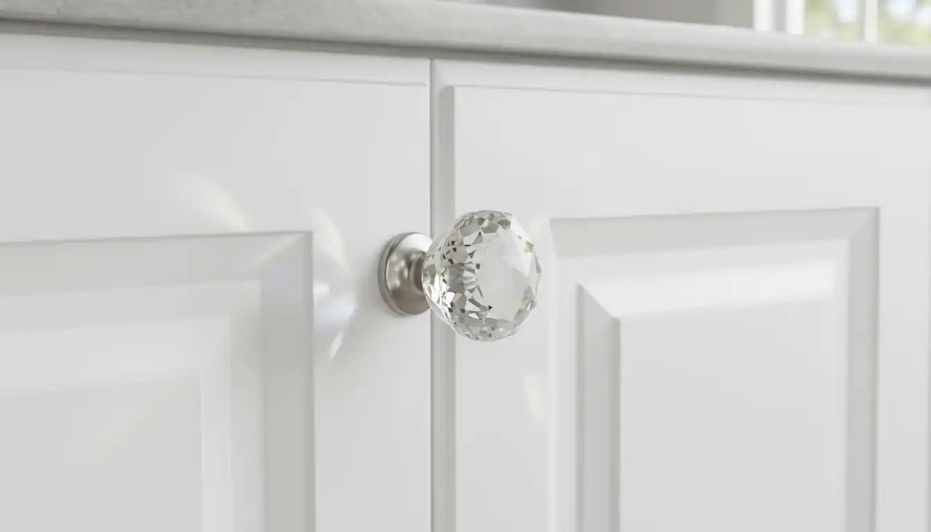 Close-up of a multifaceted clear glass knob installed on a classic white kitchen cabinet door.