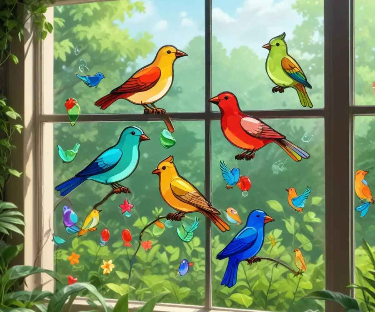 Colorful, bird-shaped glass magnets attached to a window screen in a lush green garden.