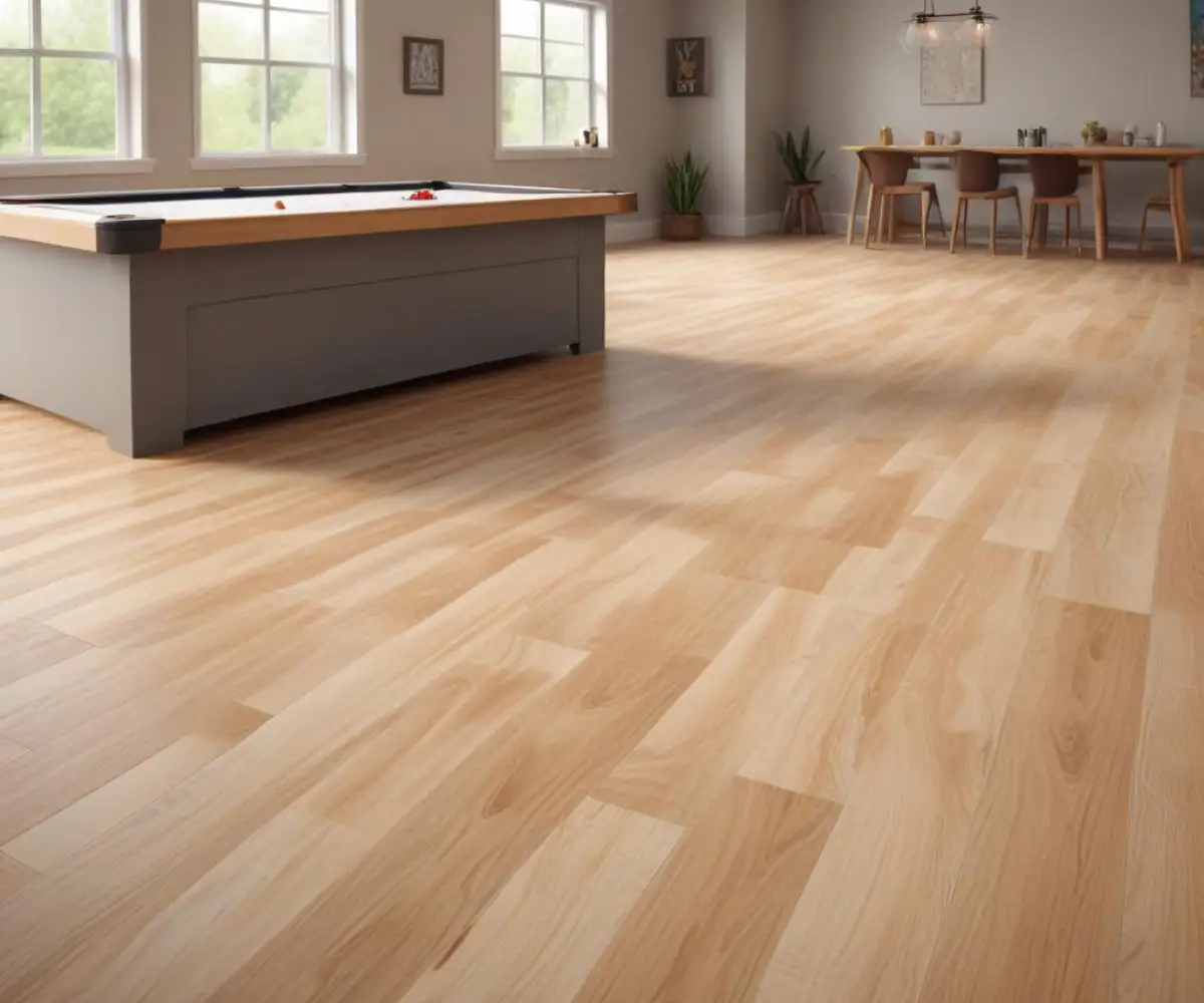 Newly installed glue-down vinyl plank flooring in a finished basement.