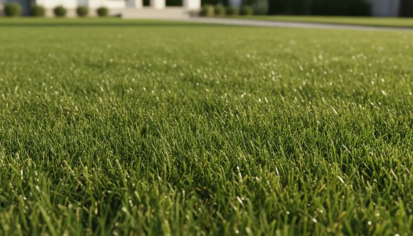 A dense, manicured lawn of fine-textured, deep green Gold Glove bermuda grass shining under full sunlight.