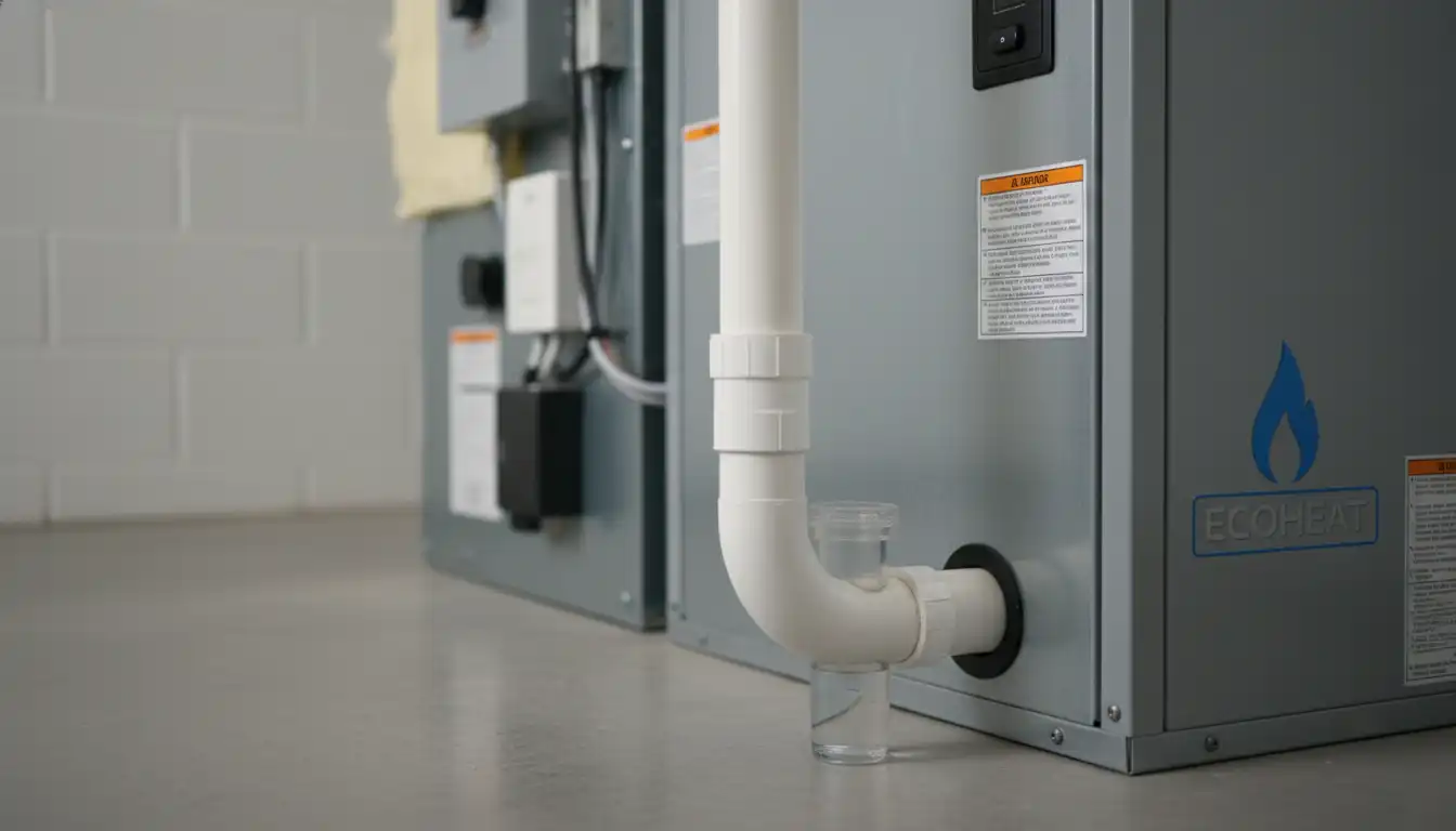 Close-up of a white PVC condensate drain pipe connected to a modern high-efficiency furnace.