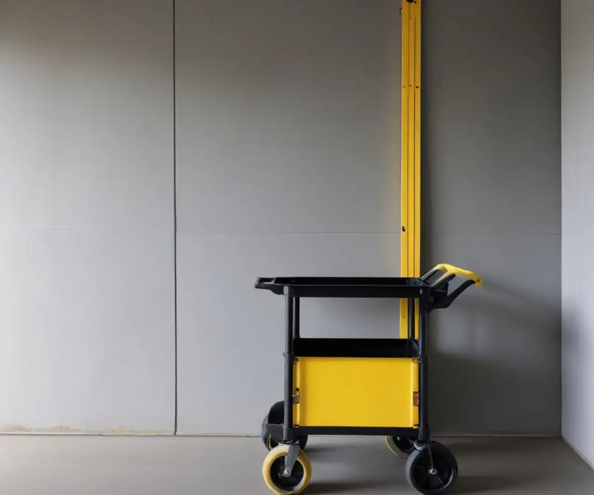 A black metal utility cart with large wheels and a yellow handle hanging vertically on the wall of an organized garage.