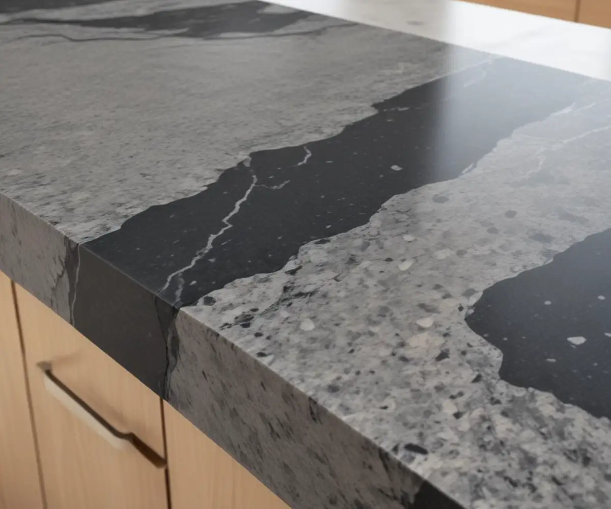 A seamless joint between two polished sections of a black and grey veined granite countertop.