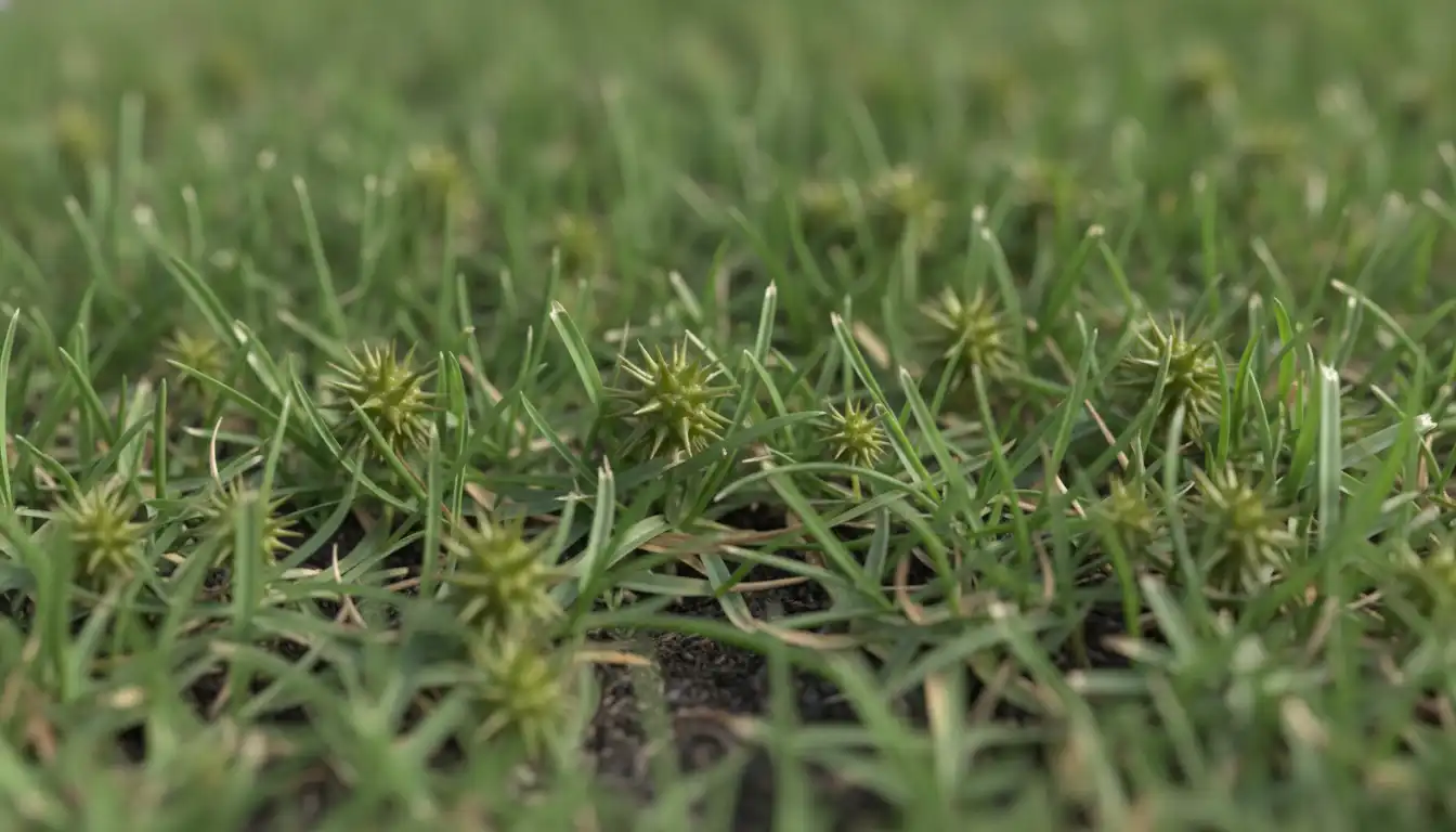 Close-up of a lawn with green grass blades and small, round, spiky seed heads of lawn burweed.